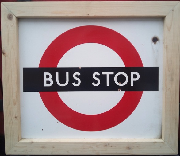 London Transport 1930s enamel bus stop in timber frame for sale